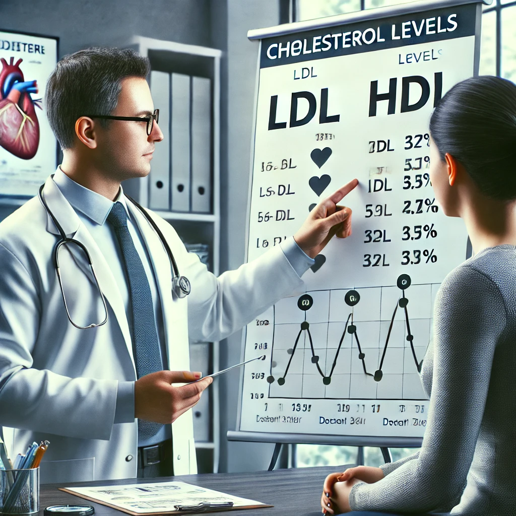 Doctor explicando niveles de colesterol a un paciente Doctor explicando los niveles de colesterol LDL y HDL a un paciente con un gráfico en una consulta médica